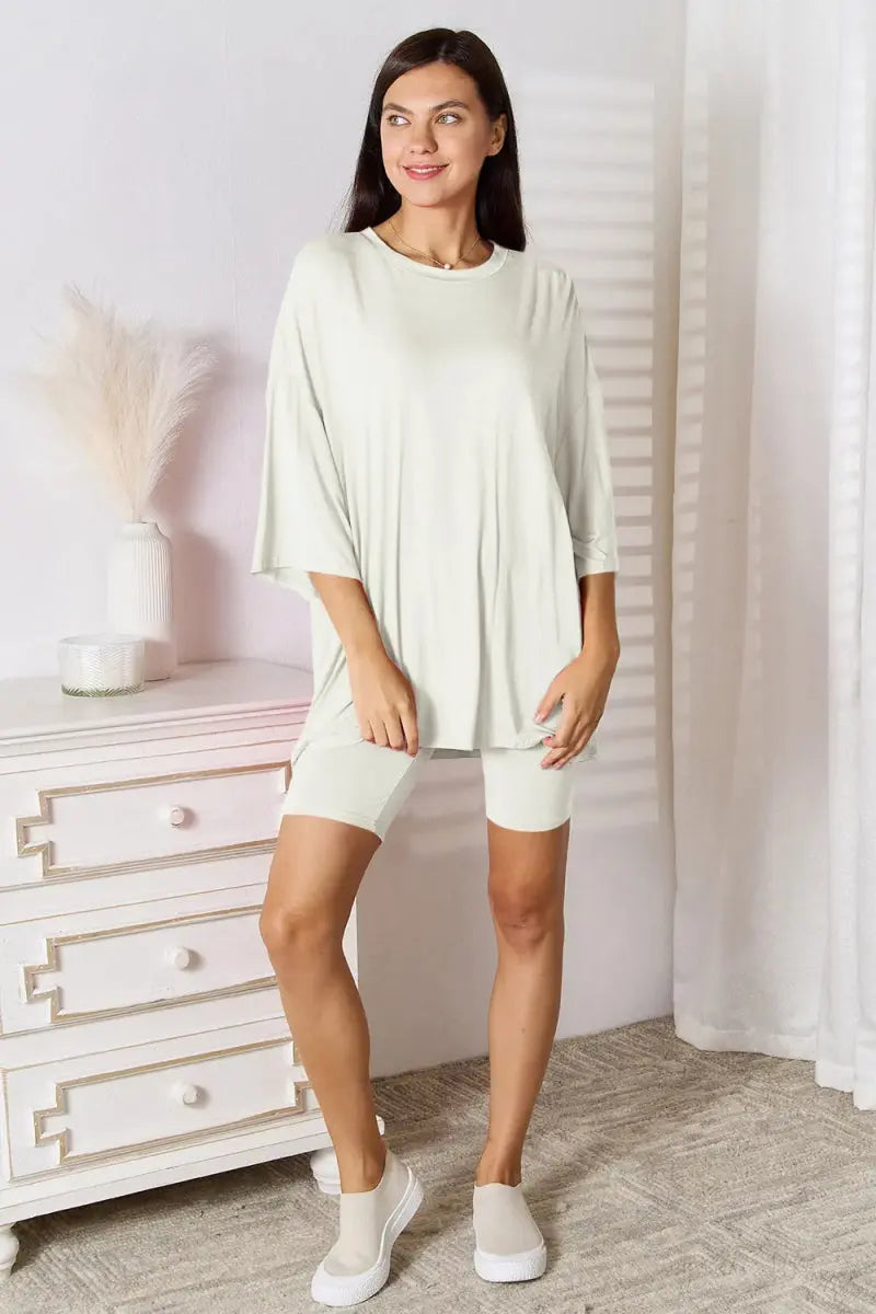Basic Bae Full Size Soft Rayon Three - Quarter Sleeve Top and Shorts Set - Love Salve